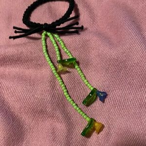 Handmade Upgraded Hair Elastic w Glass Beads, Leaves, & Flowers Danglers